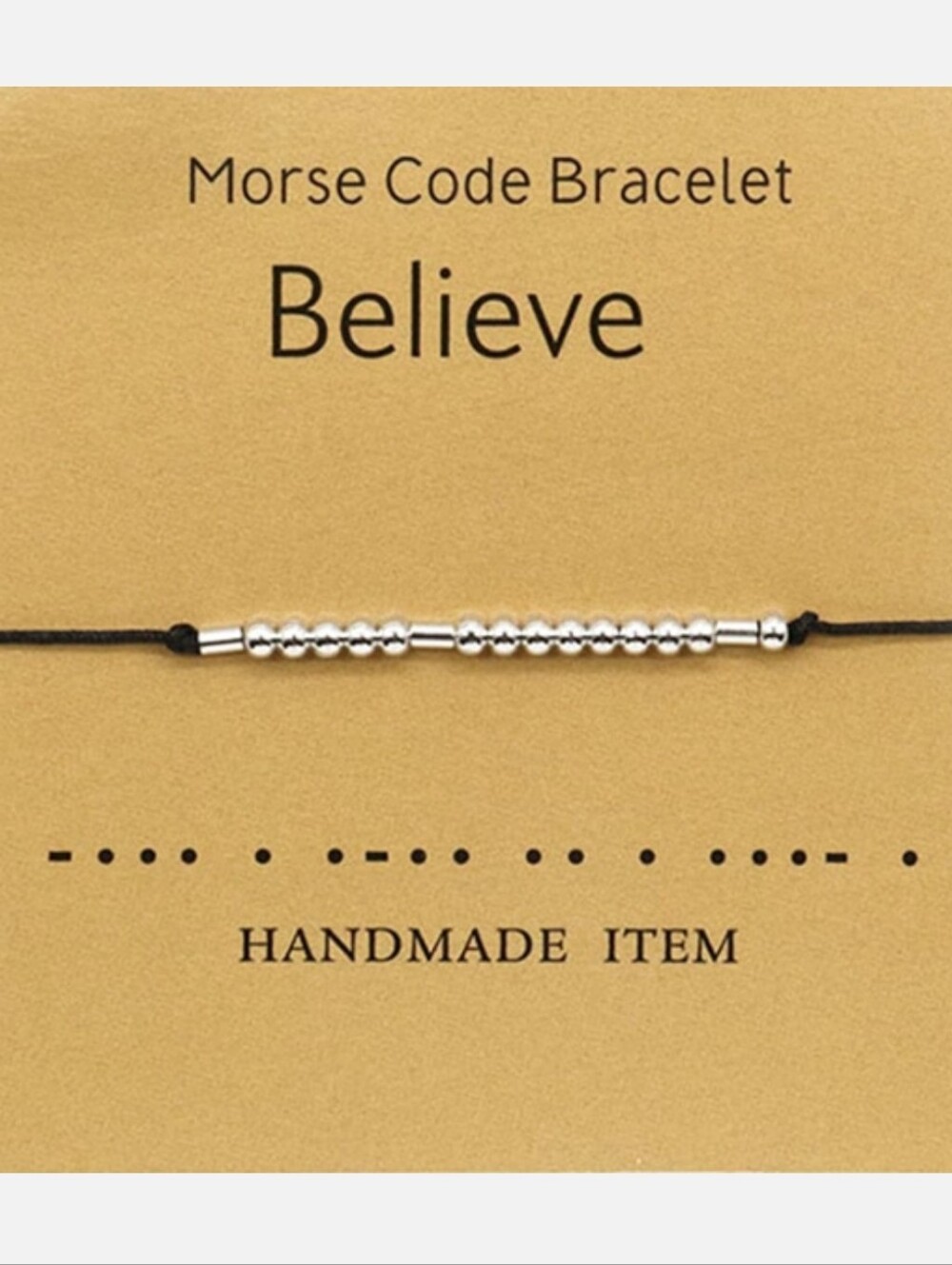 Believe Morse Code Bracelet - Silver Bead on Black Cord